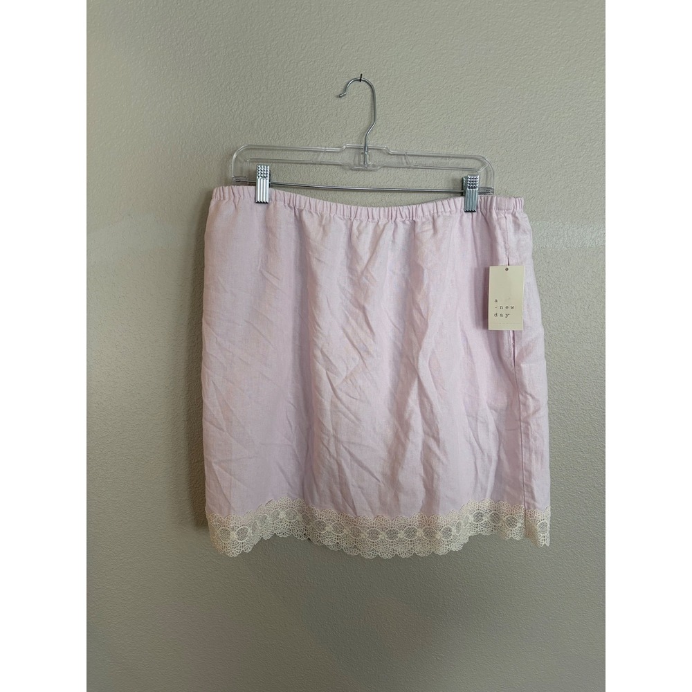 A New Day Pink Linen Blend Lace Trim Mini Skirt Large NWT